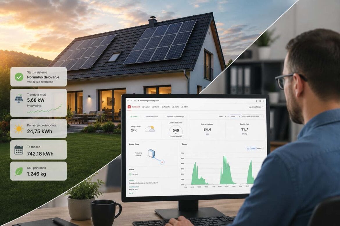 Nadzor sončne elektrarne na daljavo prek računalnika in spremljanje proizvodnje električne energije v sodobni hiši
