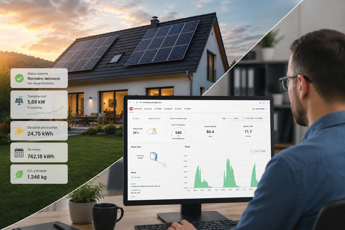 Nadzor sončne elektrarne na daljavo prek računalnika in spremljanje proizvodnje električne energije v sodobni hiši