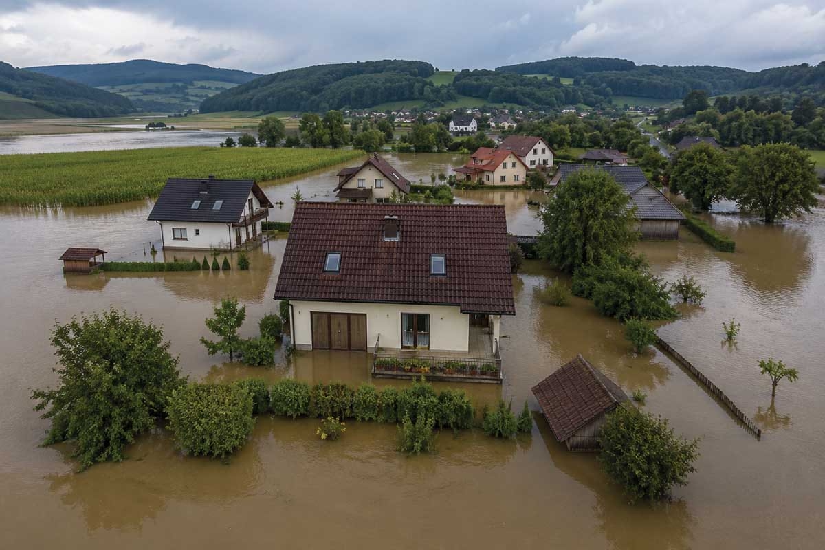 Hiše na poplavnem območju po močnem deževju in poplavah