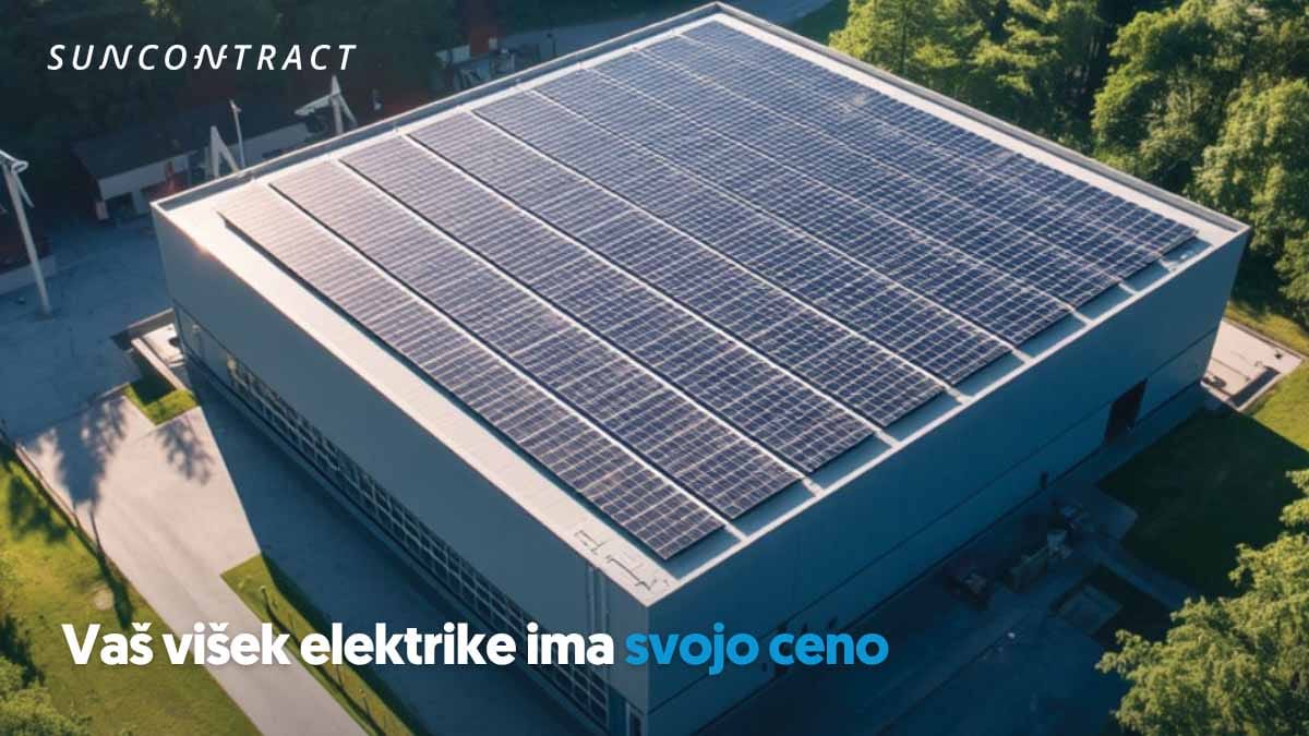 Poslovna stavba s sončno elektrarno na strehi, ki ponazarja souporabo viškov električne energije prek tržnice SunContract