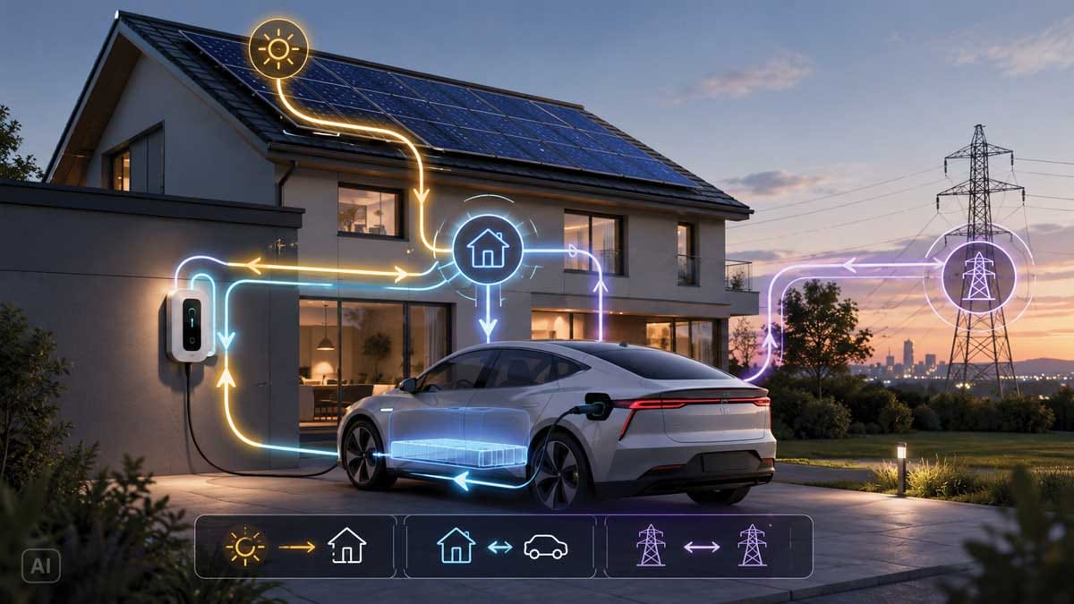Grafični prikaz dvosmernega polnjenja električnega avtomobila med hišo, sončno elektrarno in omrežjem