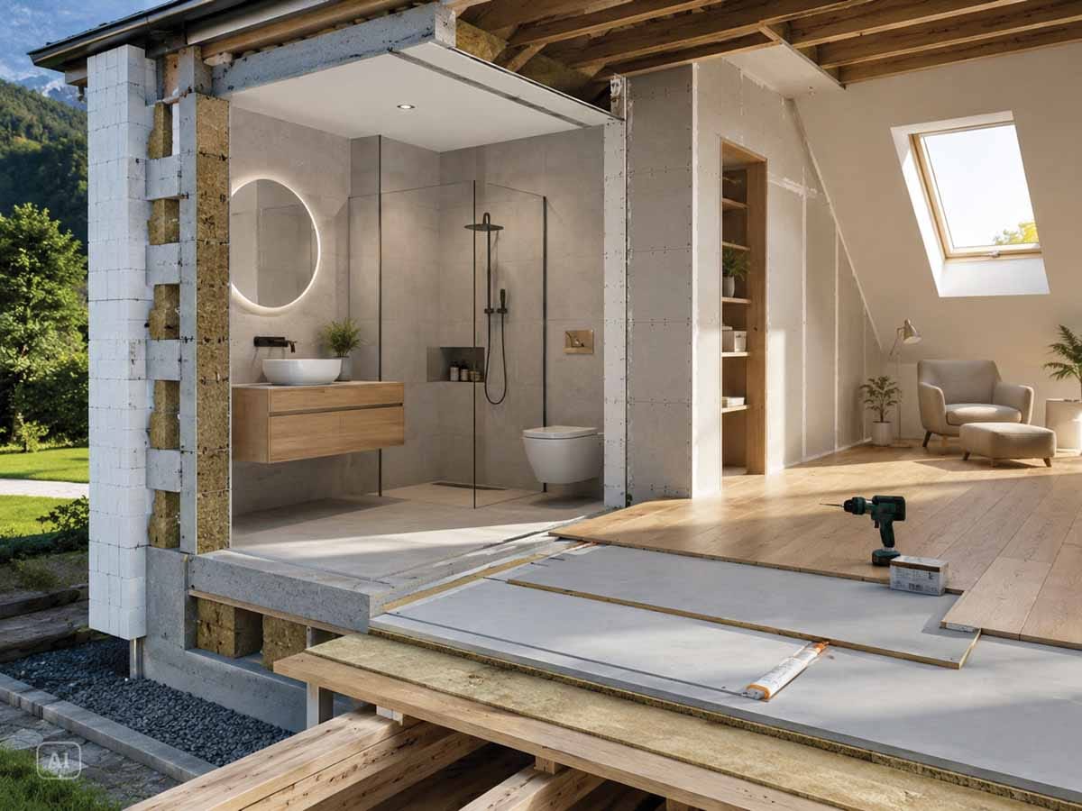 Hitra gradnja in prenova z rešitvami za suhi estrih, suhomontažne stene, kopalnico in izolirane zunanje stene