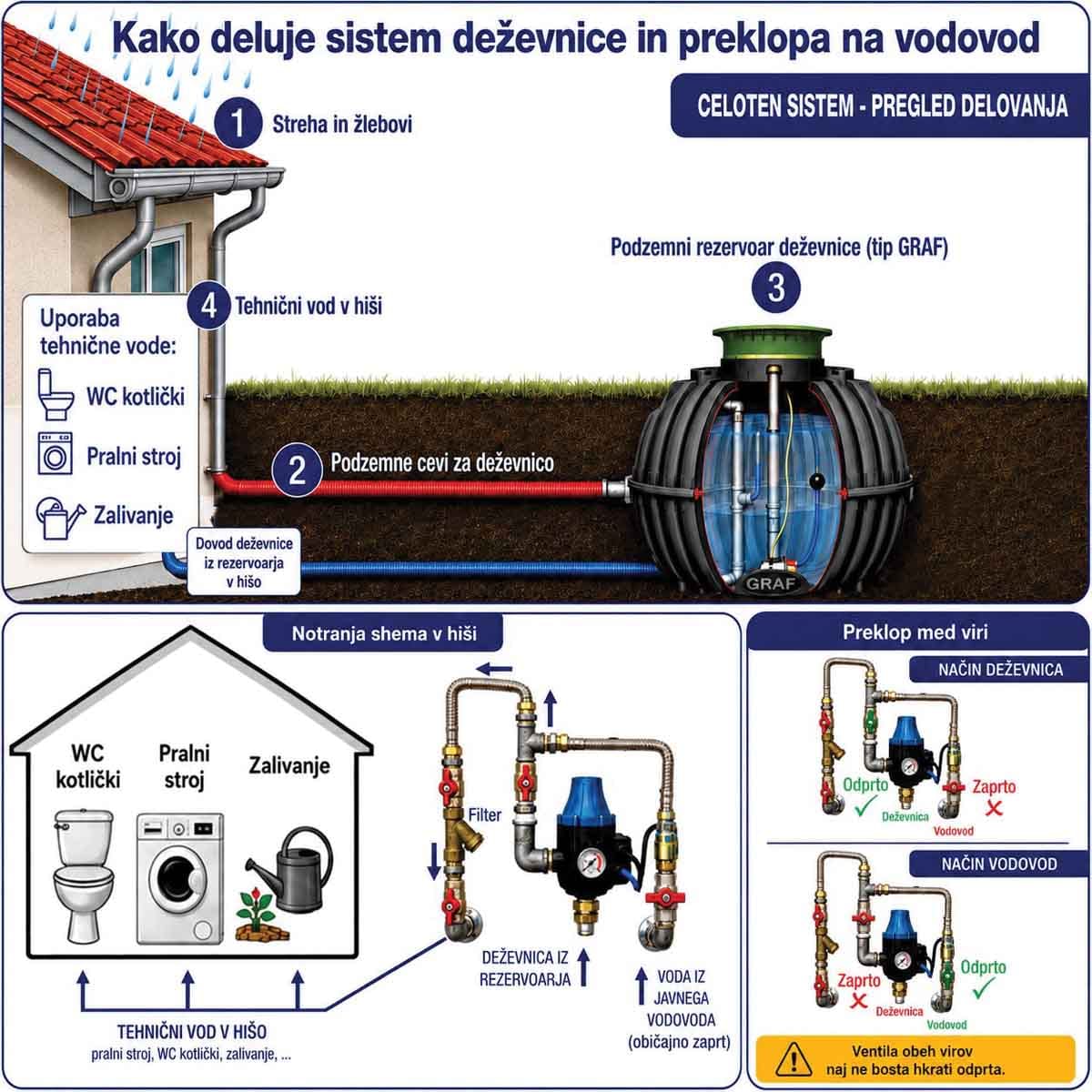 Shema sistema zbiranja deževnice in preklopa na javni vodovod