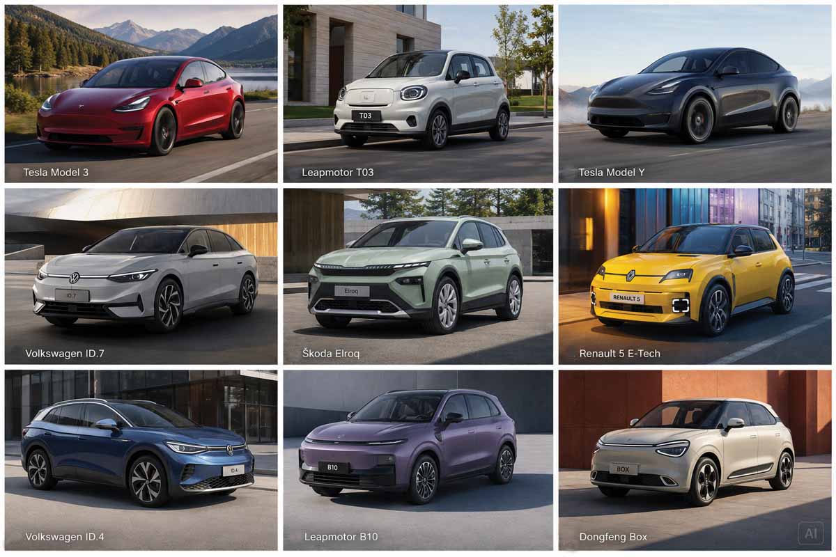 Izbor električnih avtomobilov Tesla, Leapmotor, Volkswagen, Škoda, Renault in Dongfeng