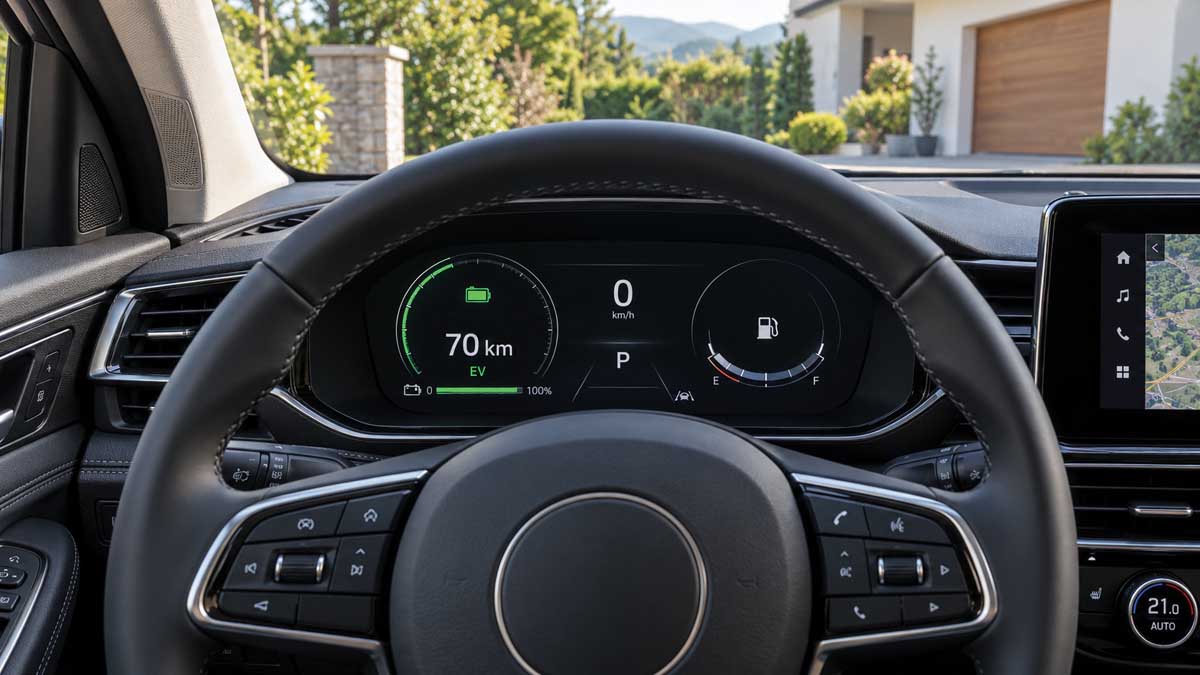 Armatura priključnega hibrida s prikazom preostalega električnega dosega 70 km in ločenim merilnikom goriva