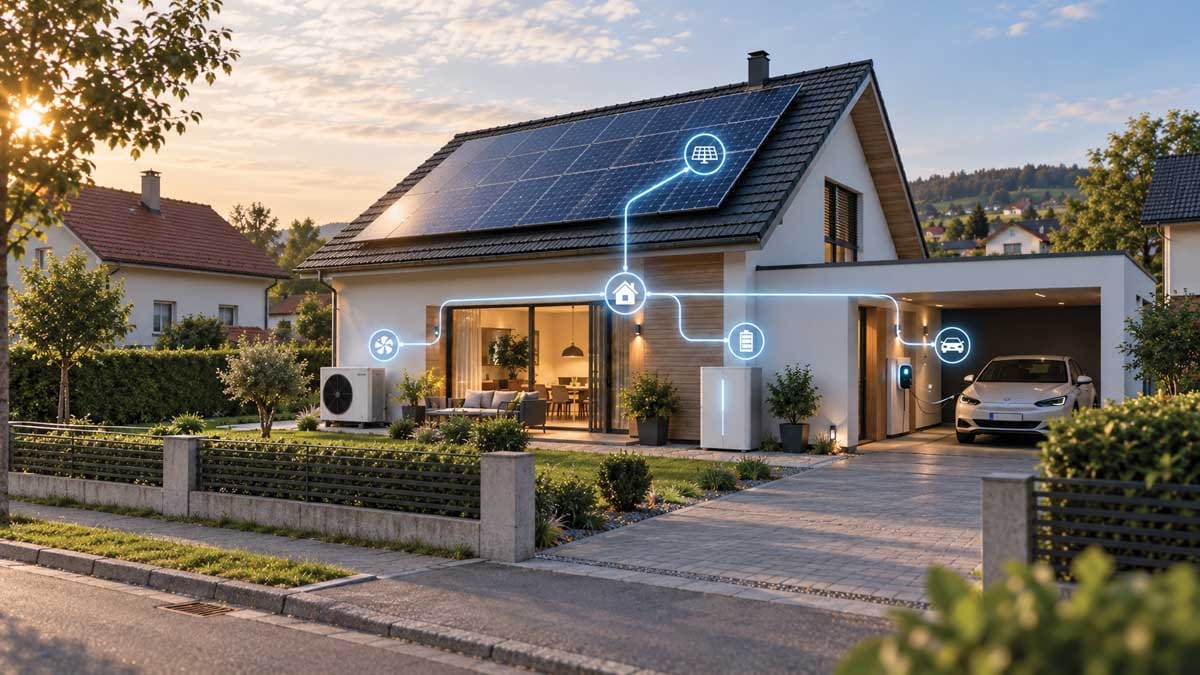 Sistem za upravljanje energije povezuje sončno elektrarno, hranilnik, toplotno črpalko in polnilnico